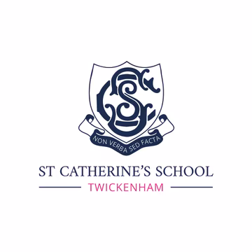 Navy, white and pink school crest for St Catherine's Twickenham with the motto: non verba sed facta (deeds not words))