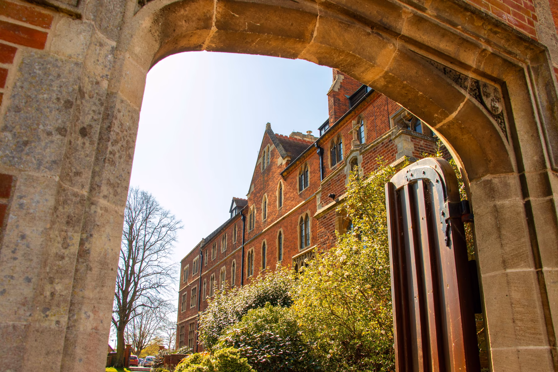 View through Bishop Woodford's Arch to Hereward Hall